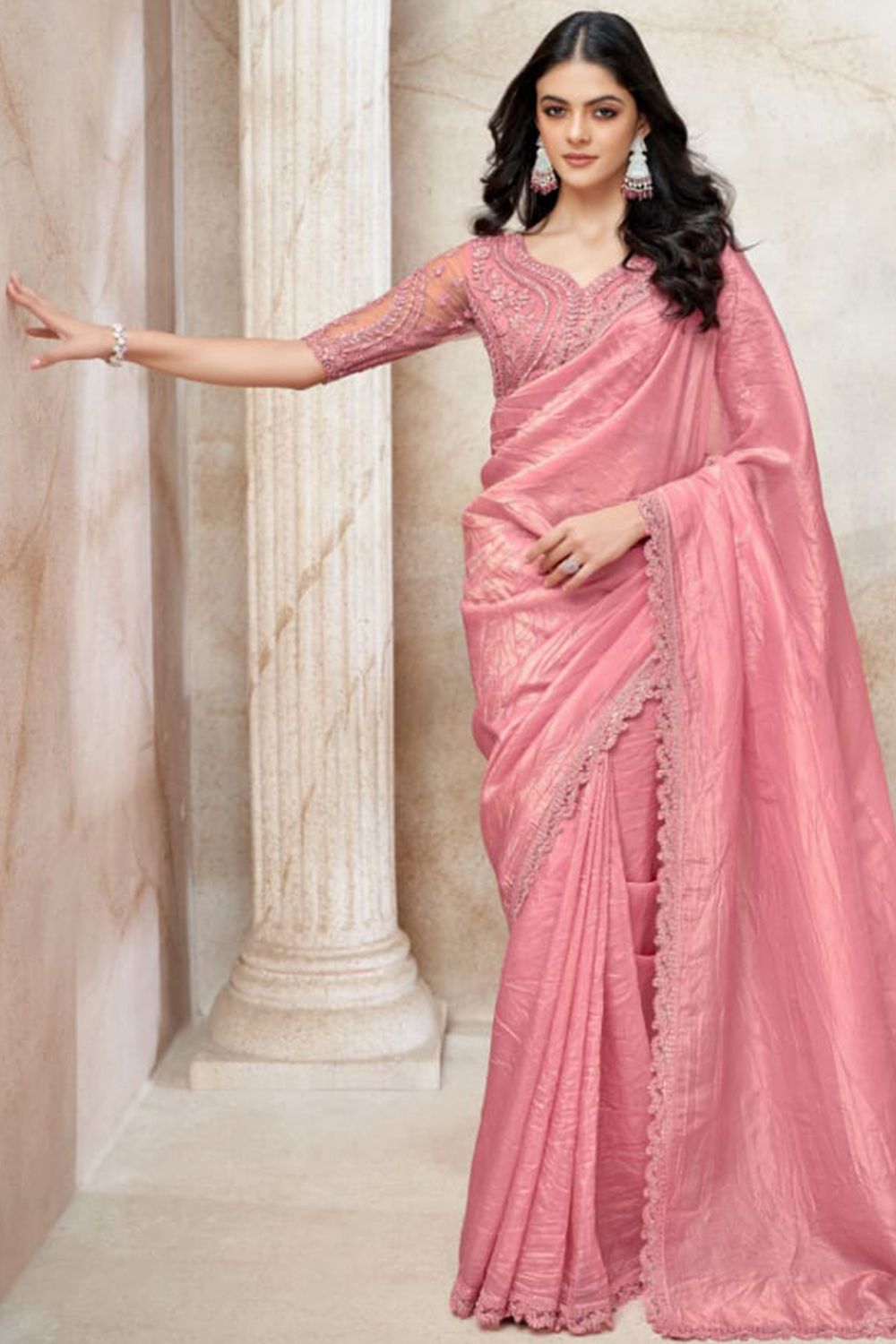 FANCY PARTY WEAR CRUSH ORGANZA SAREE - B S CHANNABASAPPA & SONS